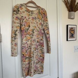 Torn by Ronny Kobo Tan and Pink Sheath Dress Long Sleeve Crew Neck